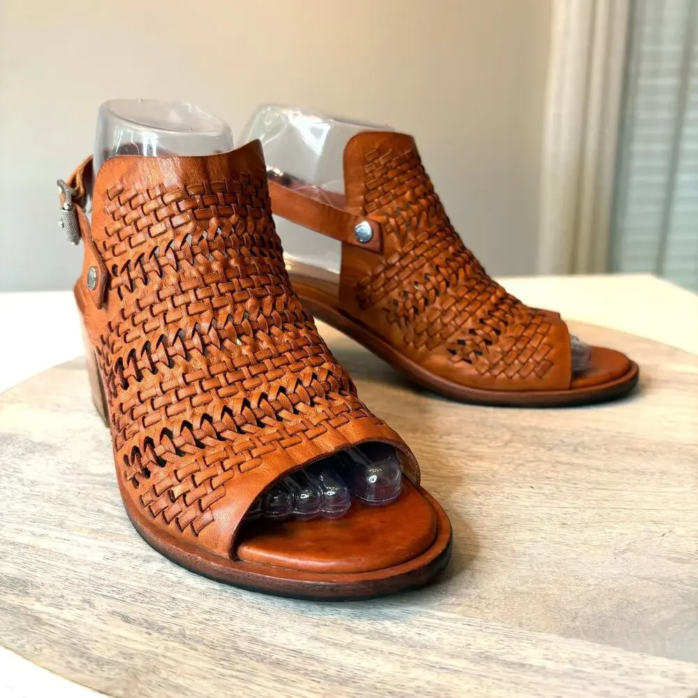 Rag & Bone Wyatt Willow Woven Leather Peep Toe Slingback Heels Brown Size 8 Boho - Picture 3 of 15
